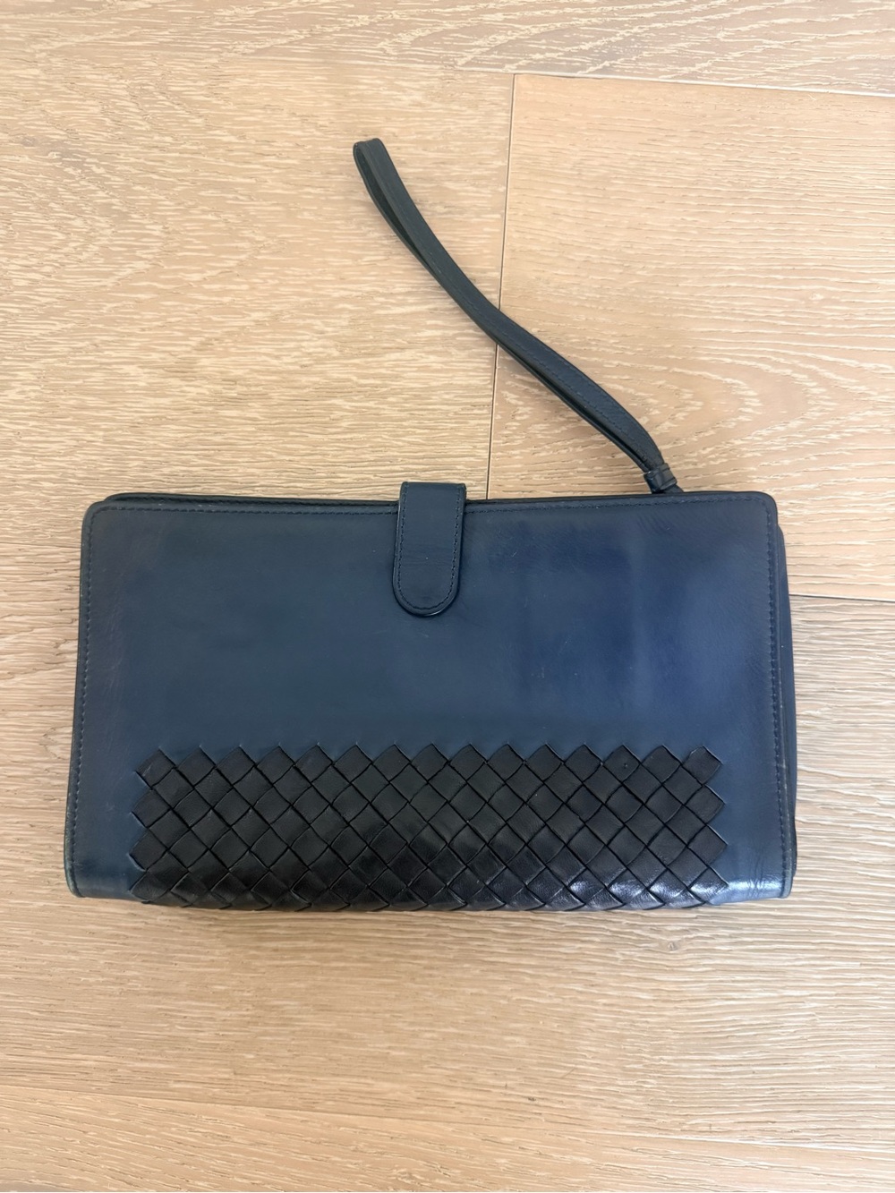 Bottega Veneta Blue  Leather Woven Detail Wristlet Clutch